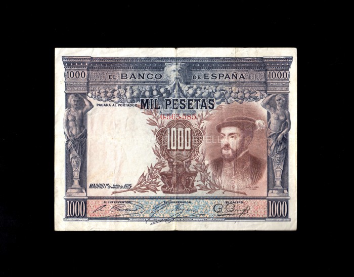 1000 pesetas 1925, sin serie, numeración baja correspondiente a Alfonso XIII, B/C, escrito anverso 1000 pesetas 1925, sin serie, numeración baja correspondiente a Alfonso XIII, B/C, escrito anverso