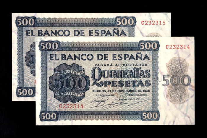 Pareja correlativa 500 Pesetas 1936, serie C, S/C-, (1) con manchita en lateral Pareja correlativa 500 Pesetas 1936, serie C, S/C-, (1) con manchita en lateral