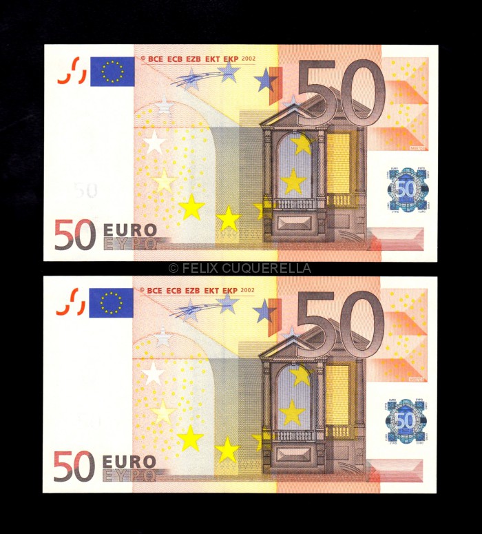 Pareja correlativa 50€ 2002, serie V, 1ª firma Willem F. Duisenberg, S/C anverso Pareja correlativa 50€ 2002, serie V, 1ª firma Willem F. Duisenberg, S/C anverso