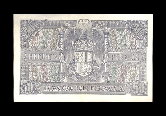 50 Pesetas 1940, serie D, EBC-, dos dobleces verticales reverso 50 Pesetas 1940, serie D, EBC-, dos dobleces verticales reverso