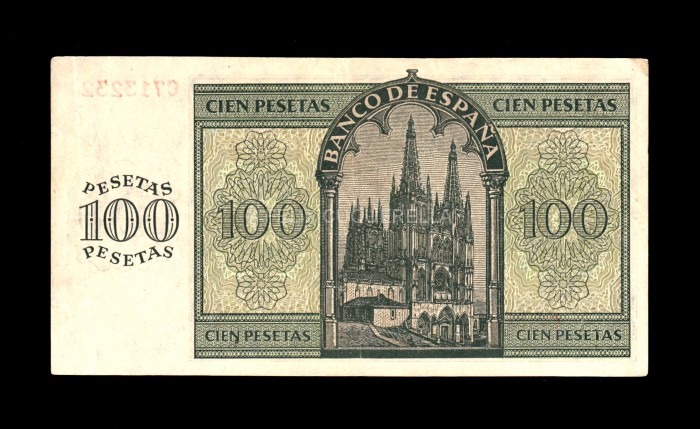 100 Pesetas 1936, serie C, EBC-, varios dobleces verticales, pico redondeado reverso 100 Pesetas 1936, serie C, EBC-, varios dobleces verticales, pico redondeado reverso