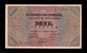 1000 Pesetas 1938, serie A, MBC+, con todo su apresto anverso
