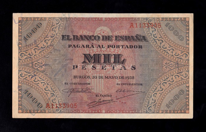 1000 Pesetas 1938, serie A, MBC+, con todo su apresto anverso 1000 Pesetas 1938, serie A, MBC+, con todo su apresto anverso