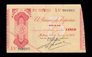 Banco de Bilbao 1936, 5 pesetas, serie A, EBC, banco de Vizcaya