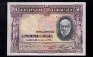 50 pesetas 1935, serie A, S/C-, sin doblar pero con ondulaciones, manchita en margen izquierdo, con todo su apresto ANVERSO