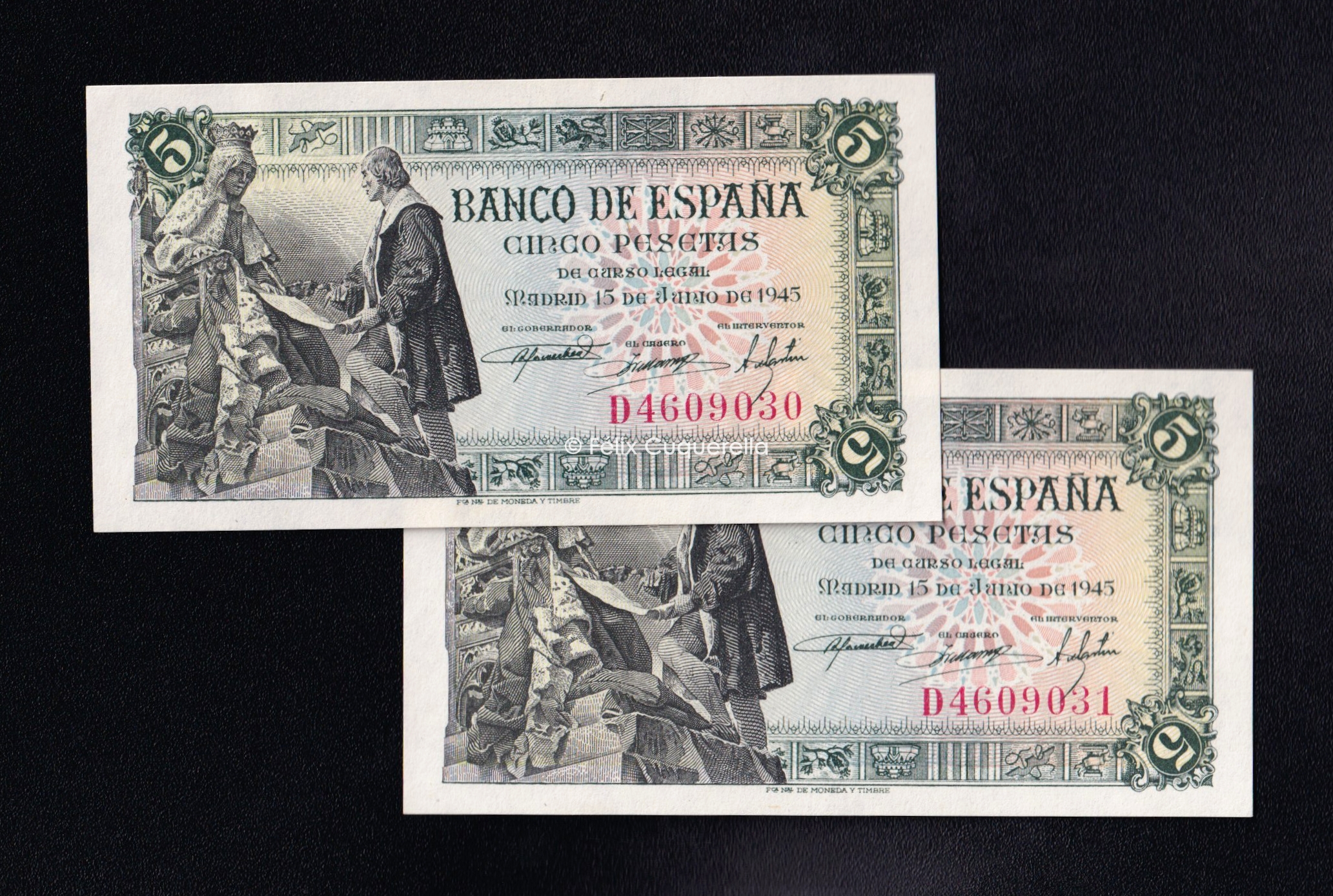 Pareja correlativa 5 pesetas 1945, serie D, S/C- Pareja correlativa 5 pesetas 1945, serie D, S/C-