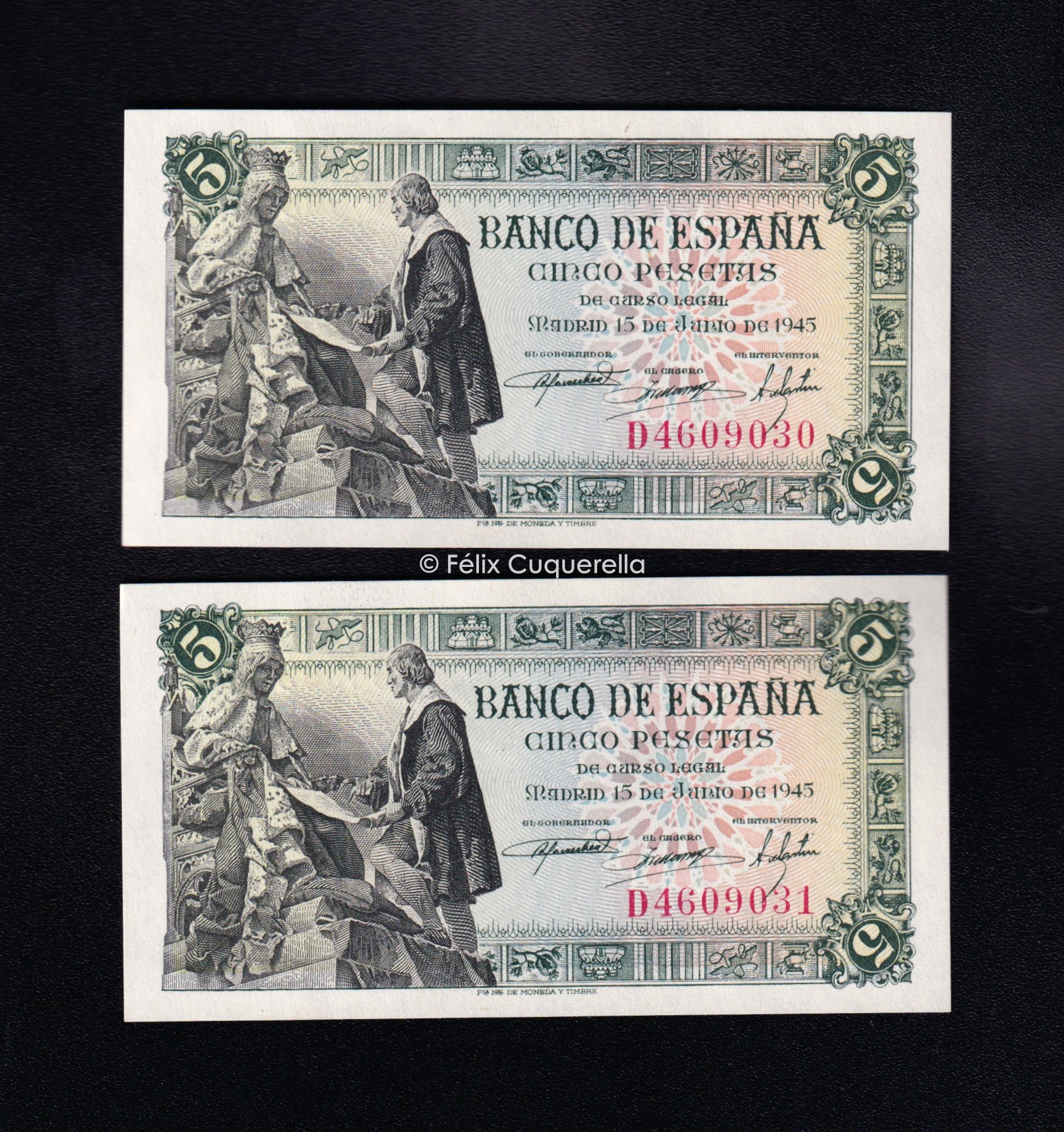 Pareja correlativa 5 pesetas 1945, serie D, S/C- Pareja correlativa 5 pesetas 1945, serie D, S/C-