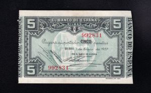 Banco de Bilbao 1937, 5 pesetas, sin serie, EBC+, banco de Vizcaya