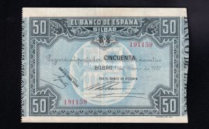 Banco de Bilbao 1937, 50 pesetas, sin serie, MBC+, banco de Vizcaya