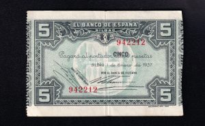 Banco de Bilbao 1937, 5 pesetas, sin serie, EBC-, banco de Vizcaya