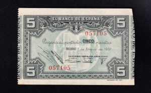 Banco de Bilbao 1937, 5 pesetas, sin serie, EBC+, caja de ahorros y monte de piedad municipal de Bilbao