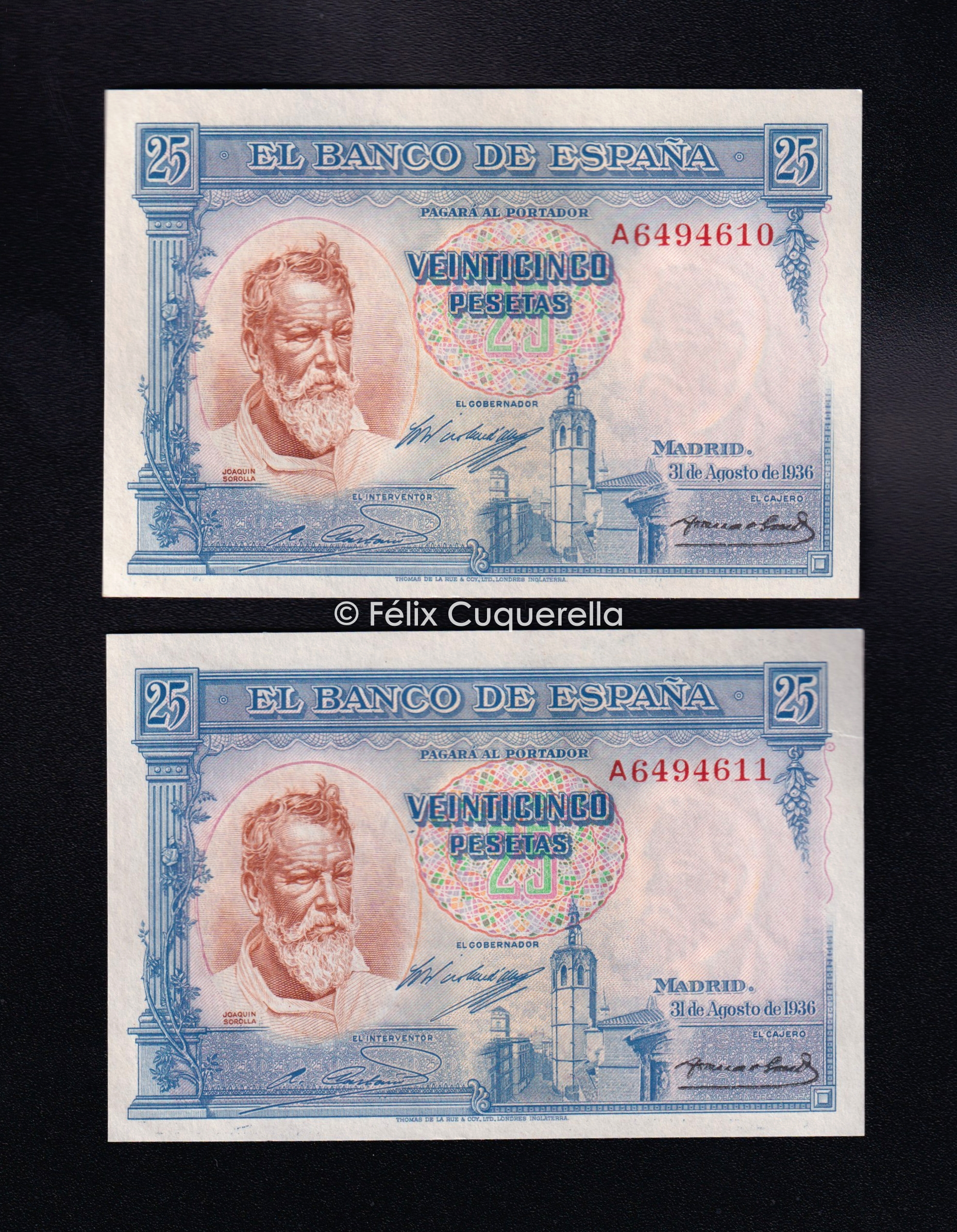 Pareja correlativa 25 pesetas Agosto 1936, serie A, S/C Pareja correlativa 25 pesetas Agosto 1936, serie A, S/C