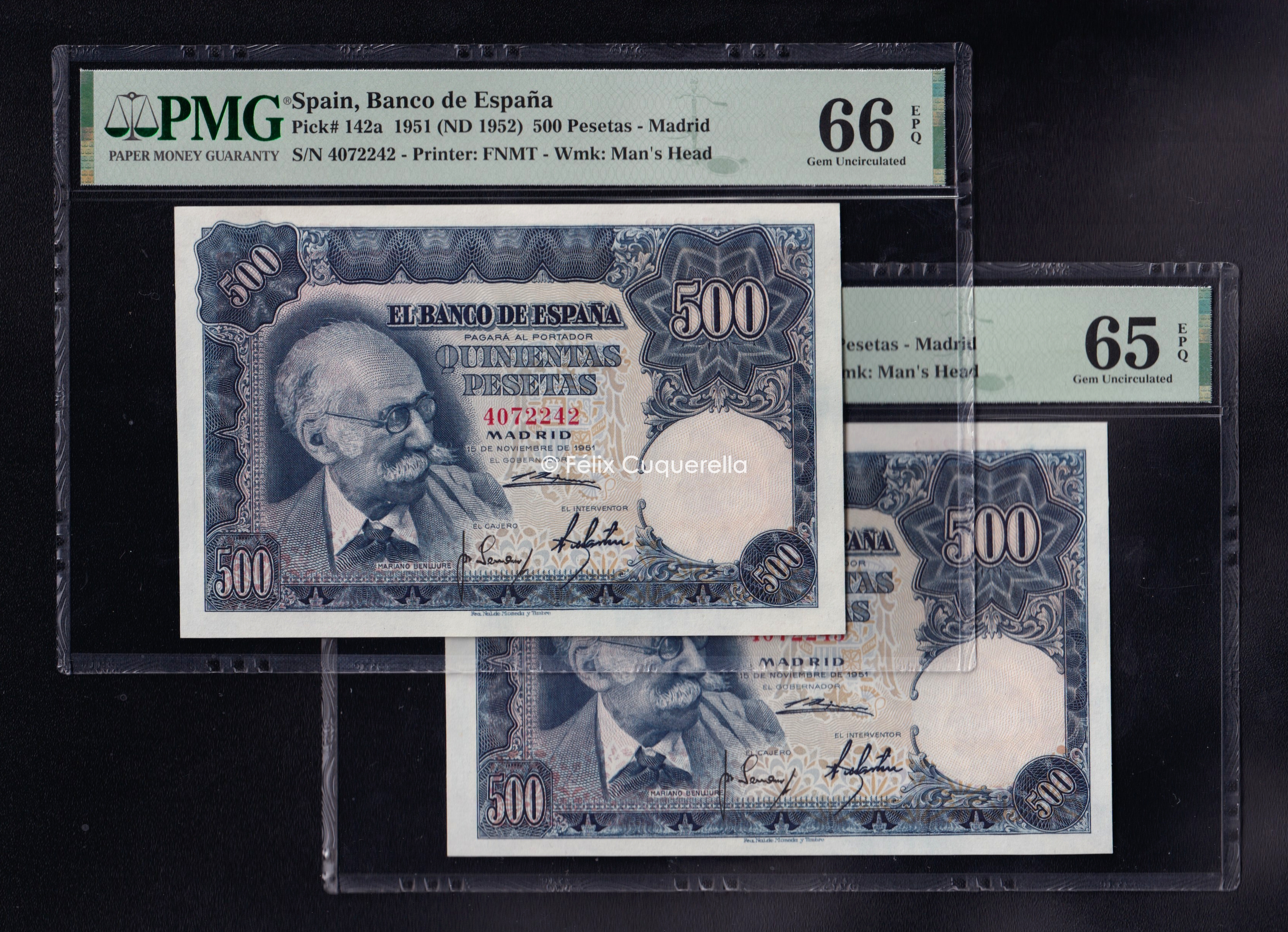 Pareja correlativa 500 Pesetas 1951, sin serie, S/C. Encapsulados PMG 66 EPQ y 65 EPQ Pareja correlativa 500 Pesetas 1951, sin serie, S/C. Encapsulados PMG 66 EPQ y 65 EPQ