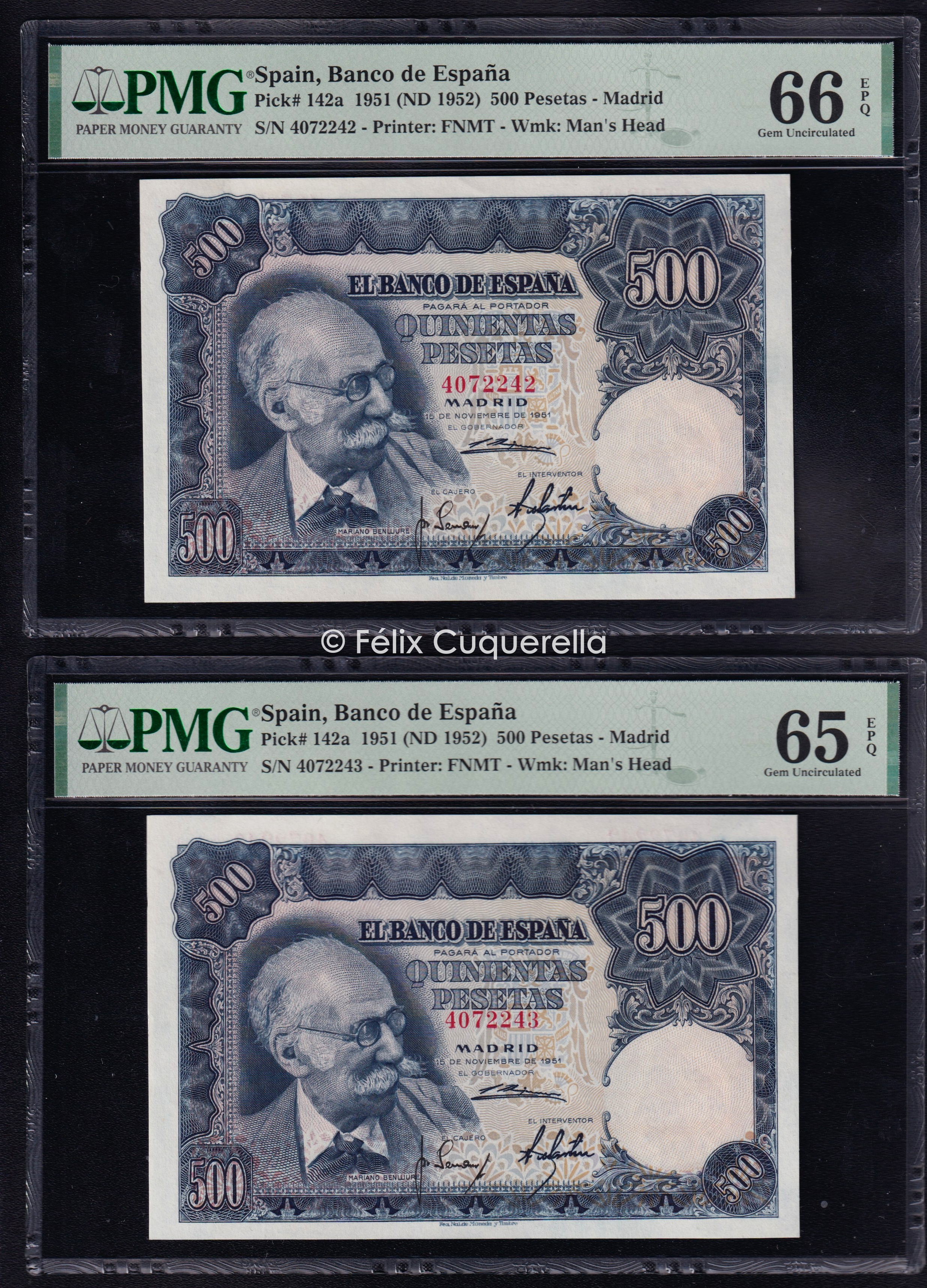 Pareja correlativa 500 Pesetas 1951, sin serie, S/C. Encapsulados PMG 66 EPQ y 65 EPQ Pareja correlativa 500 Pesetas 1951, sin serie, S/C. Encapsulados PMG 66 EPQ y 65 EPQ