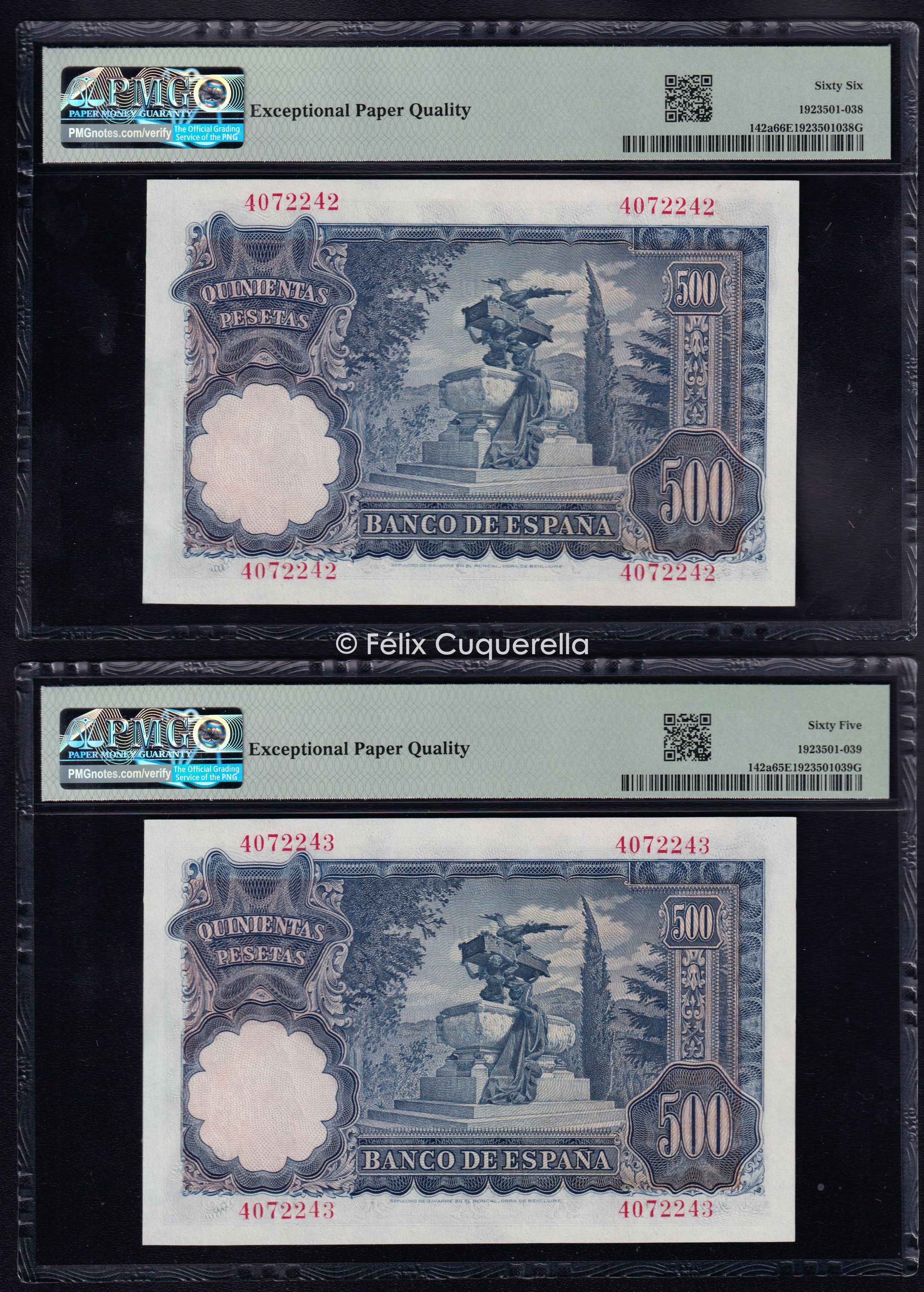 Pareja correlativa 500 Pesetas 1951, sin serie, S/C. Encapsulados PMG 66 EPQ y 65 EPQ Pareja correlativa 500 Pesetas 1951, sin serie, S/C. Encapsulados PMG 66 EPQ y 65 EPQ