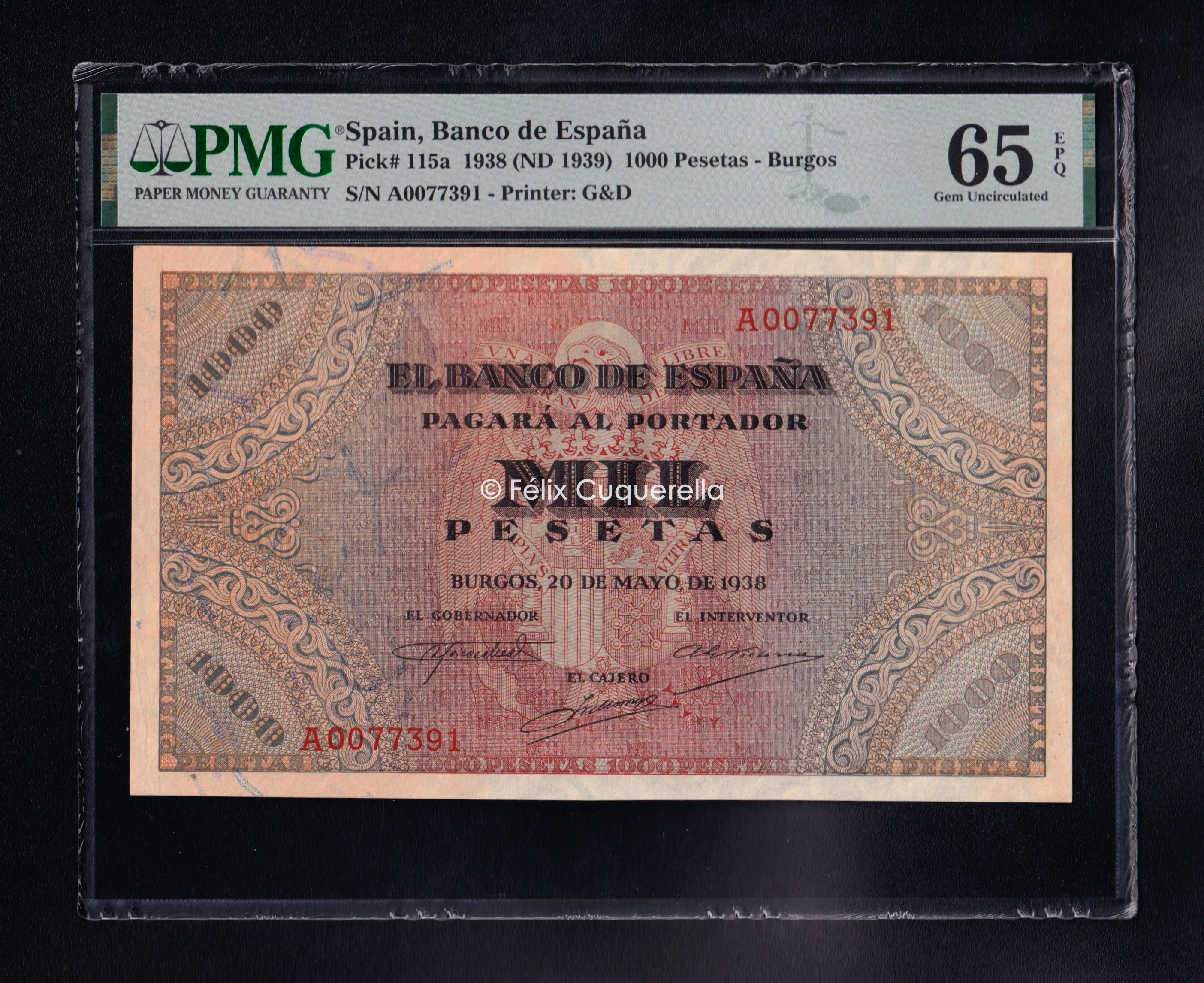 1000 Pesetas 1938, serie A, S/C. Encapsulado PMG 65 EPQ 1000 Pesetas 1938, serie A, S/C. Encapsulado PMG 65 EPQ