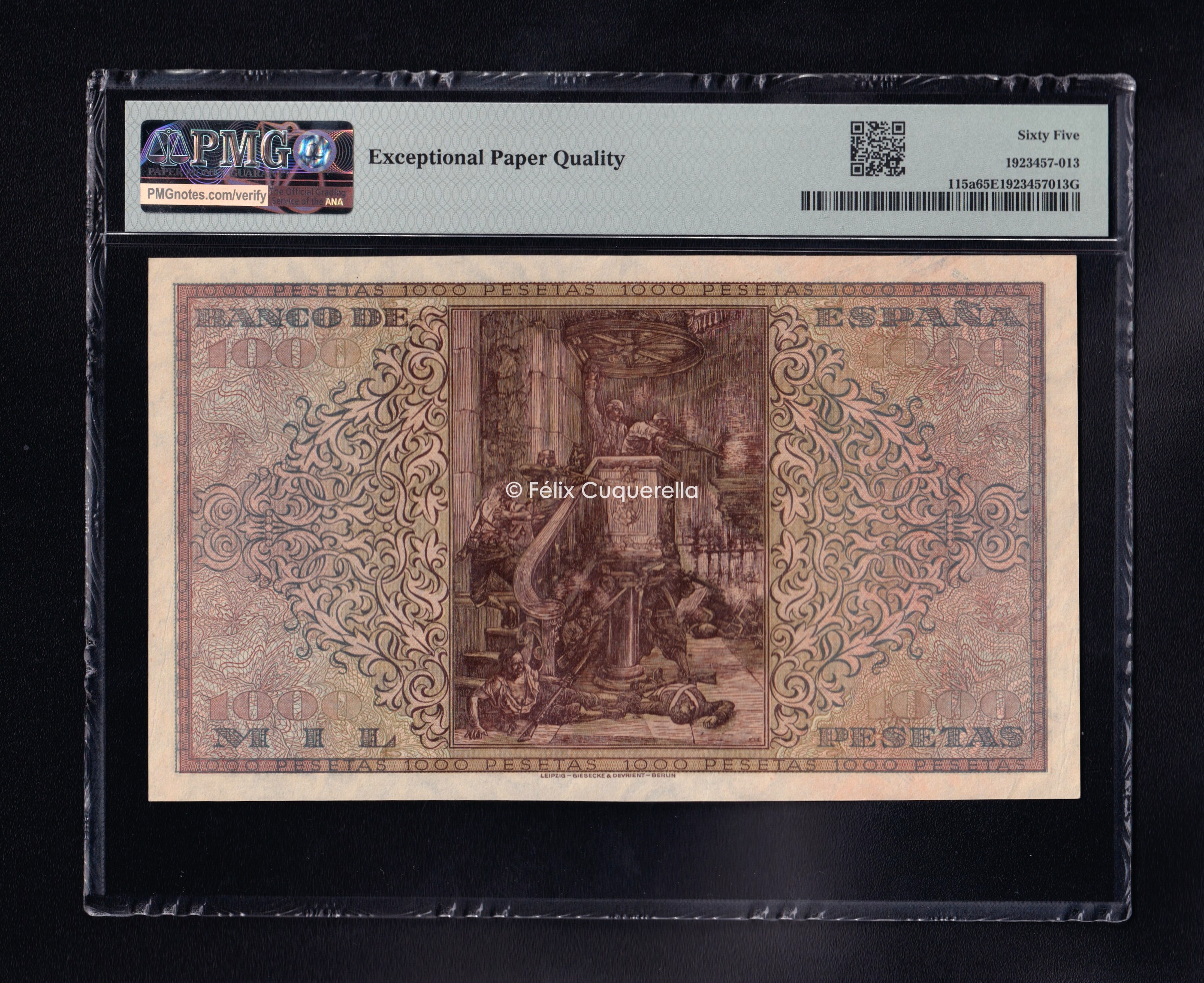 1000 Pesetas 1938, serie A, S/C. Encapsulado PMG 65 EPQ 1000 Pesetas 1938, serie A, S/C. Encapsulado PMG 65 EPQ