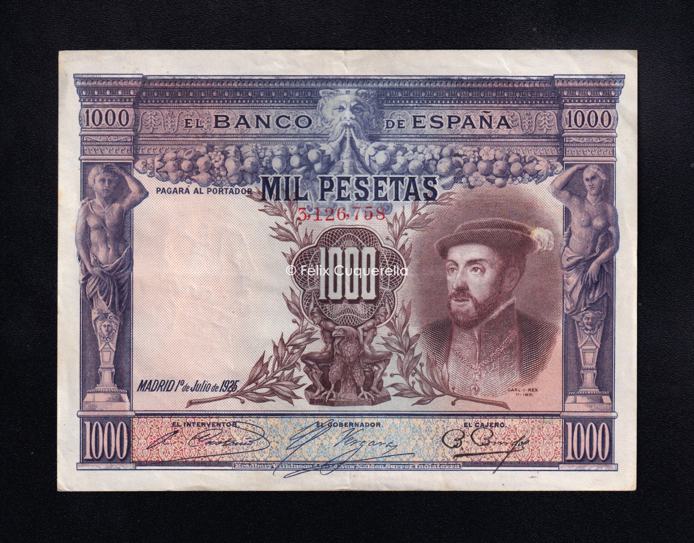1000 pesetas 1925, numeración baja correspondiente a Alfonso XIII, MBC 1000 pesetas 1925, numeración baja correspondiente a Alfonso XIII, MBC