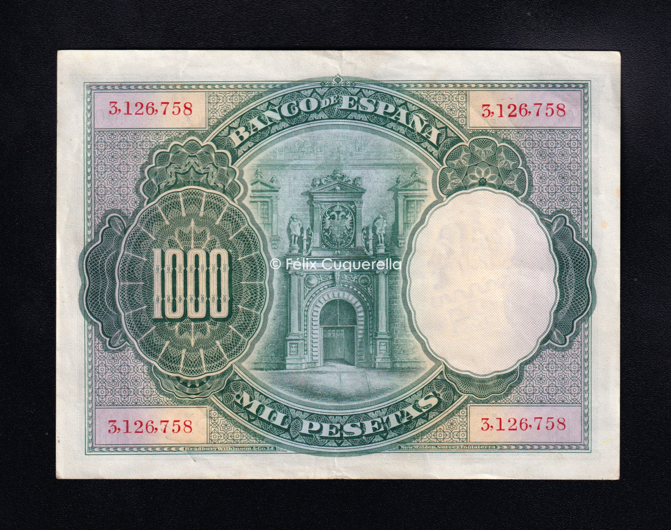 1000 pesetas 1925, numeración baja correspondiente a Alfonso XIII, MBC 1000 pesetas 1925, numeración baja correspondiente a Alfonso XIII, MBC