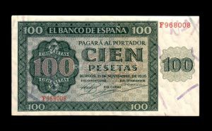 100 Pesetas 1936, serie F, S/C-, pico rozado anverso