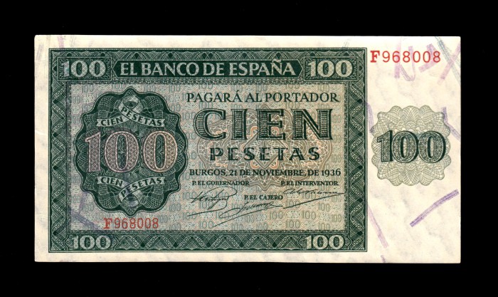 100 Pesetas 1936, serie F, S/C-, pico rozado anverso 100 Pesetas 1936, serie F, S/C-, pico rozado anverso
