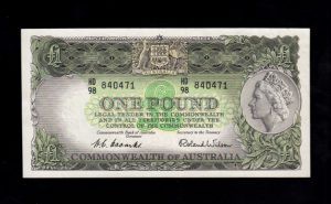 Australia, 1 Libra 1953/60 ,EBC- ( AXF ) , esquina doblada , P.30a  anverso