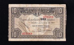 Banco de Bilbao 1937, 10 pesetas, B/C+, caja de ahorros vizcaina