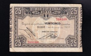 Banco de Bilbao 1937, 25 pesetas, MBC-, banco del comercio