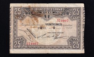Banco de Bilbao 1937, 25 pesetas, MBC-, banco hispano americano