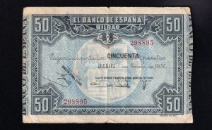 Banco de Bilbao 1937, 50 pesetas, B/C+, caja de ahorros y monte de piedad de Bilbao