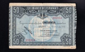 Banco de Bilbao 1937, 50 pesetas, MBC-, caja de ahorros vizcaína