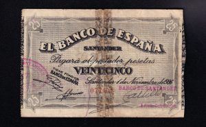 Banco de Santander 1936, 25 pesetas, R/C, roto y pegado con adhesivo