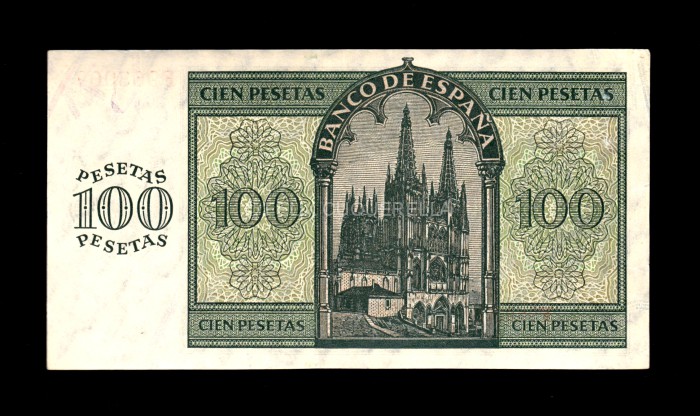 100 Pesetas 1936, serie F, S/C-, pico rozado reverso 100 Pesetas 1936, serie F, S/C-, pico rozado reverso