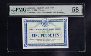 Andorra, 5 Pesetas 1936, EBC+, PMG 58
