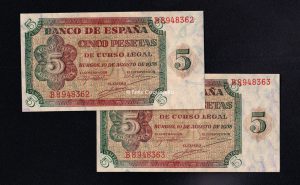Pareja correlativa de 5 pesetas 1938, serie B, S/C