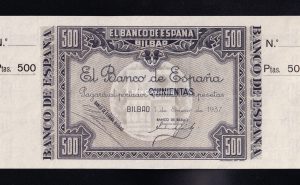 Banco de Bilbao , 500 Pesetas 1937 , S/C-, con matriz, banco de Bilbao