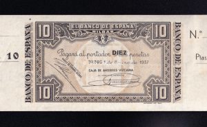 Banco de Bilbao , 10 Pesetas 1937 , S/C- , con matriz, Caja de Ahorros Vizcaína