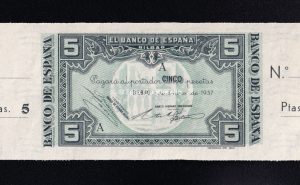 Banco de Bilbao , 5 Pesetas 1937 , Serie A , S/C- , con matriz, Banco Hispano Americano