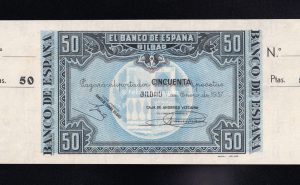 Banco de Bilbao , 50 Pesetas 1937 , S/C-, con matriz, Caja de Ahorros Vizcaína