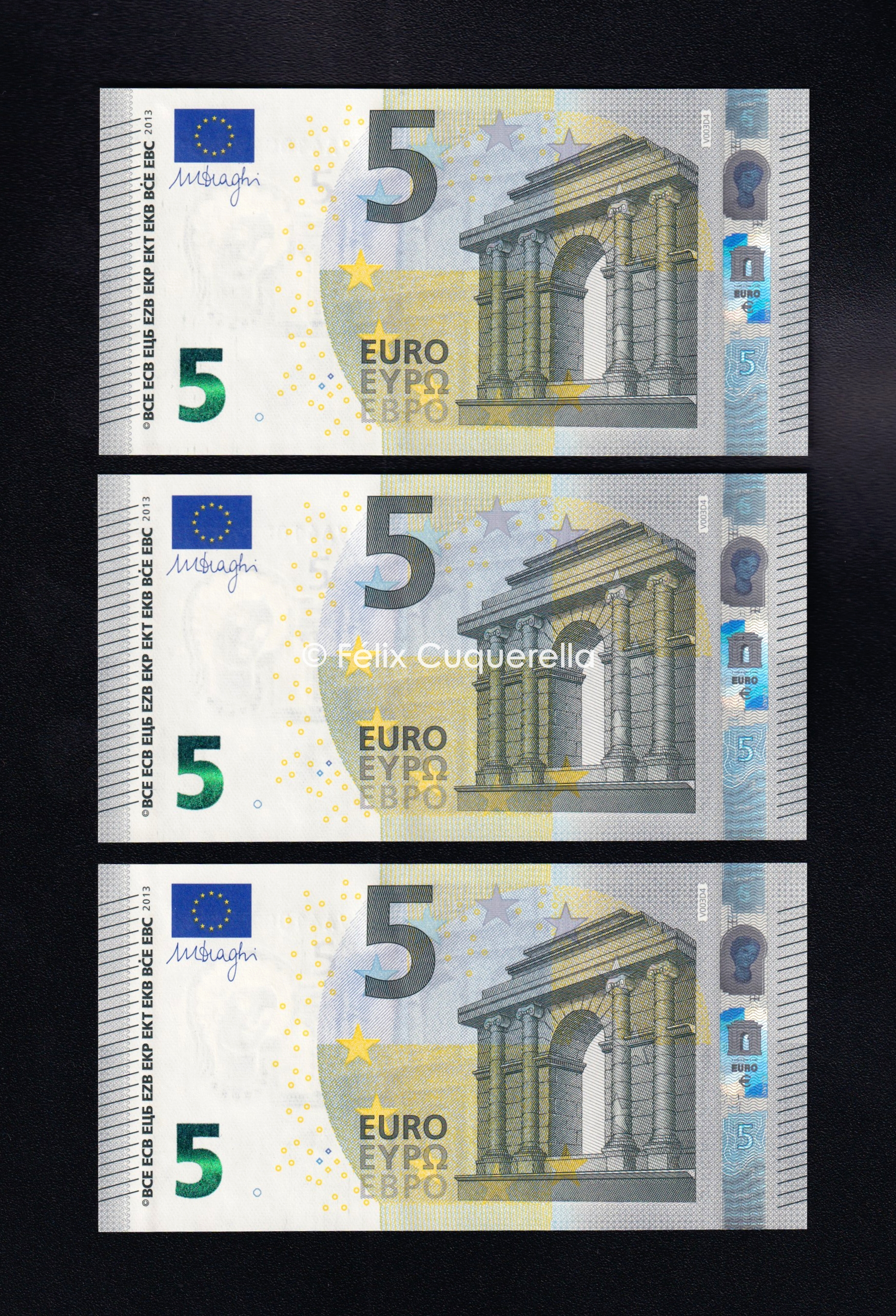 Trío correlativo 5€ 2013, serie V, 3ª firma Draghi, S/C (copia) Trío correlativo 5€ 2013, serie V, 3ª firma Draghi, S/C (copia)
