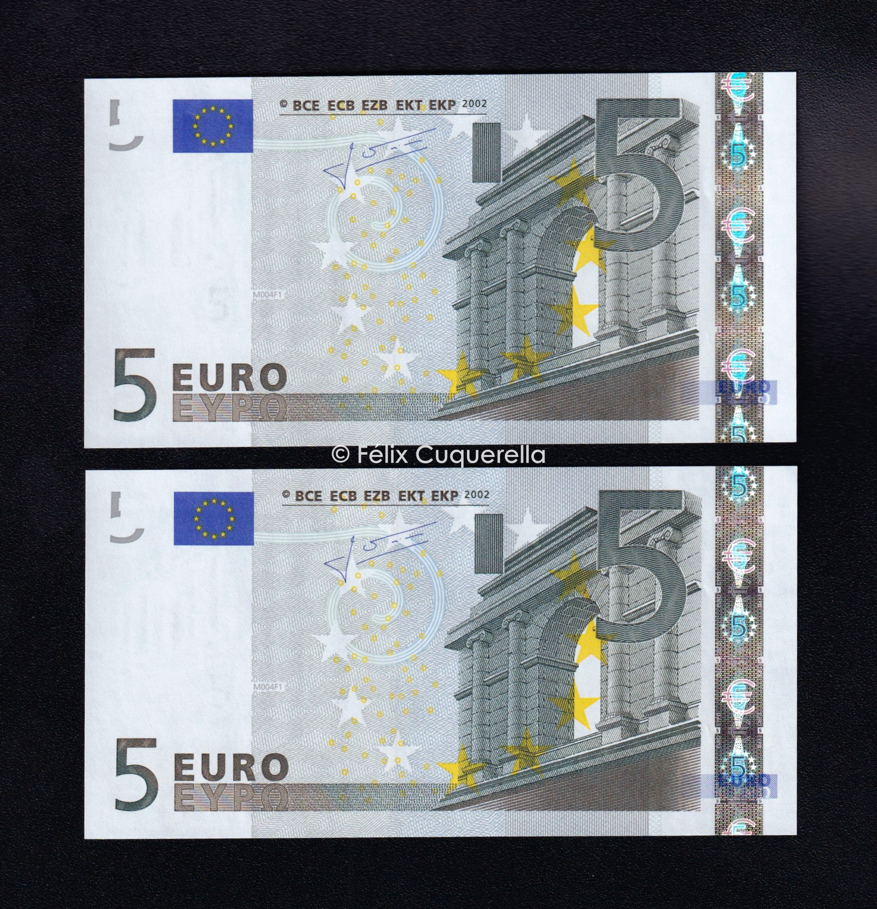 Pareja correlativa 5€ 2002, serie V, 2ª firma Trichet, S/C Pareja correlativa 5€ 2002, serie V, 2ª firma Trichet, S/C