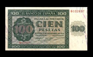 100 Pesetas 1936, serie G, S/C-, pliegue de papel en margen inferior anverso
