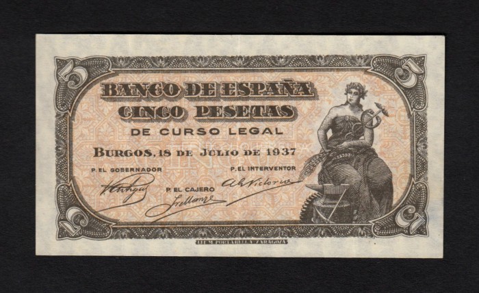 5 pesetas 1937, serie B, EBC-, 3 dobleces verticales anverso 5 pesetas 1937, serie B, EBC-, 3 dobleces verticales anverso