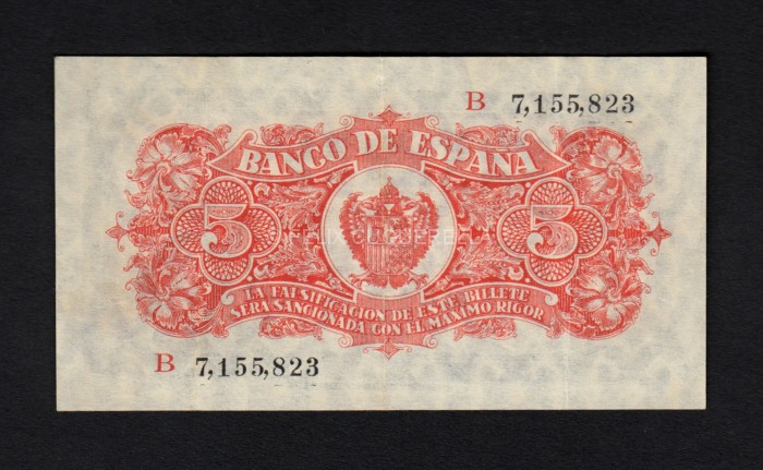 5 pesetas 1937, serie B, EBC-, 3 dobleces verticales reverso