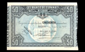 Banco de Bilbao 1937, 50 pesetas, sin serie, sin numeración, S/C, banco de Vizcaya anverso