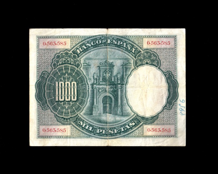 1000 pesetas 1925, sin serie, numeración baja correspondiente a Alfonso XIII, B/C, escrito reverso