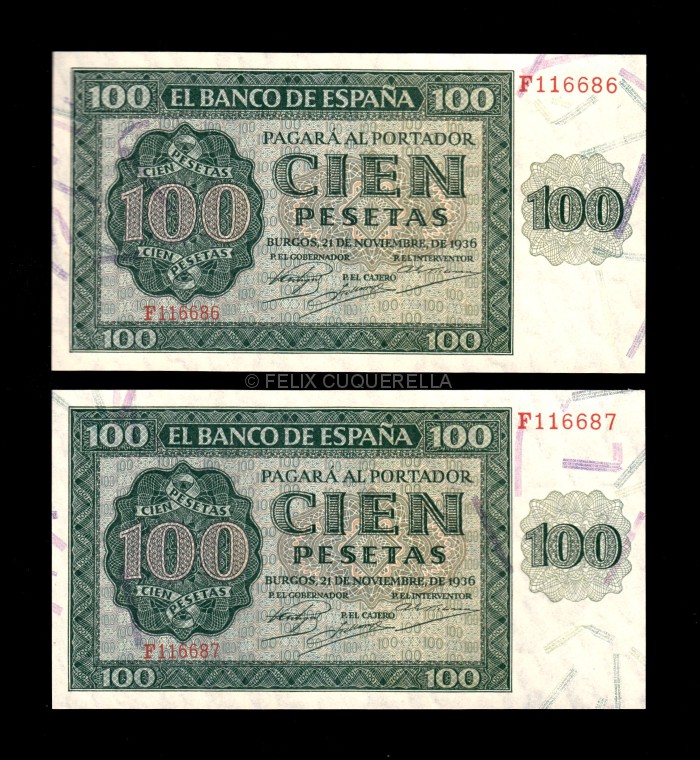 Pareja correlativa 100 Pesetas 1936, serie F, S/C, marcas del paquete en el centro anverso Pareja correlativa 100 Pesetas 1936, serie F, S/C, marcas del paquete en el centro anverso