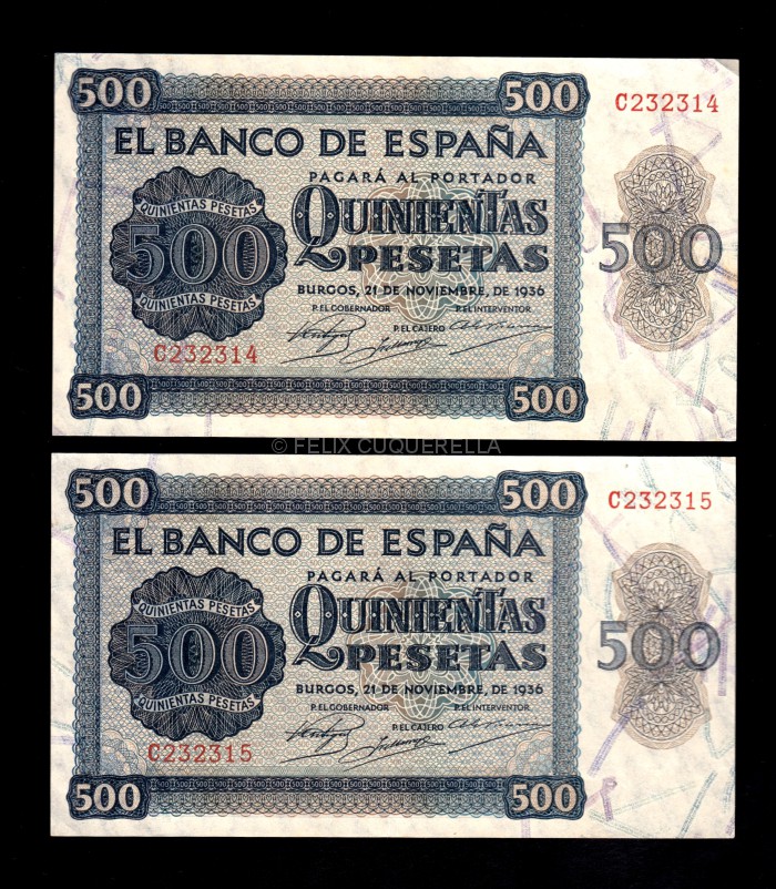 Pareja correlativa 500 Pesetas 1936, serie C, S/C-, (1) con manchita en lateral anverso Pareja correlativa 500 Pesetas 1936, serie C, S/C-, (1) con manchita en lateral anverso