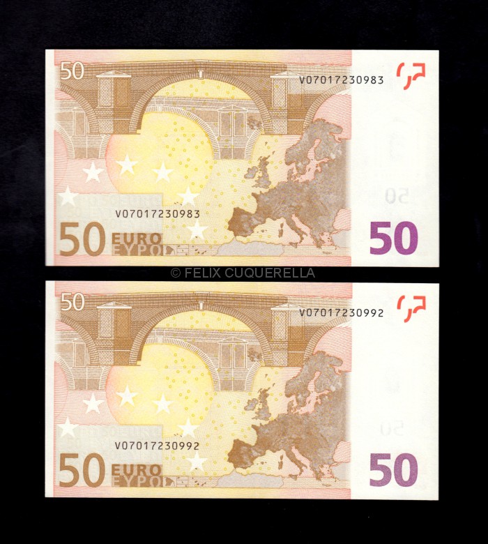 Pareja correlativa 50€ 2002, serie V, 1ª firma Willem F. Duisenberg, S/C reverso Pareja correlativa 50€ 2002, serie V, 1ª firma Willem F. Duisenberg, S/C reverso