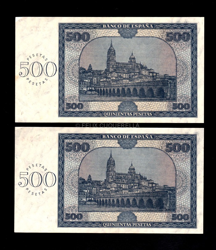 Pareja correlativa 500 Pesetas 1936, serie C, S/C-, (1) con manchita en lateral reverso Pareja correlativa 500 Pesetas 1936, serie C, S/C-, (1) con manchita en lateral reverso